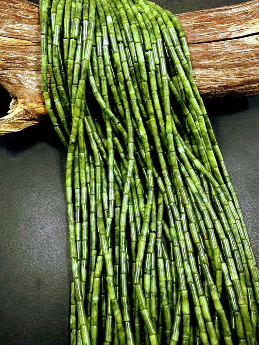 Beautiful Natural Green Thin Tube Shape Nephrite Jade Gemstone Bead. 13x4mm, Natural Green Color Shade, Great Quality 15.5"