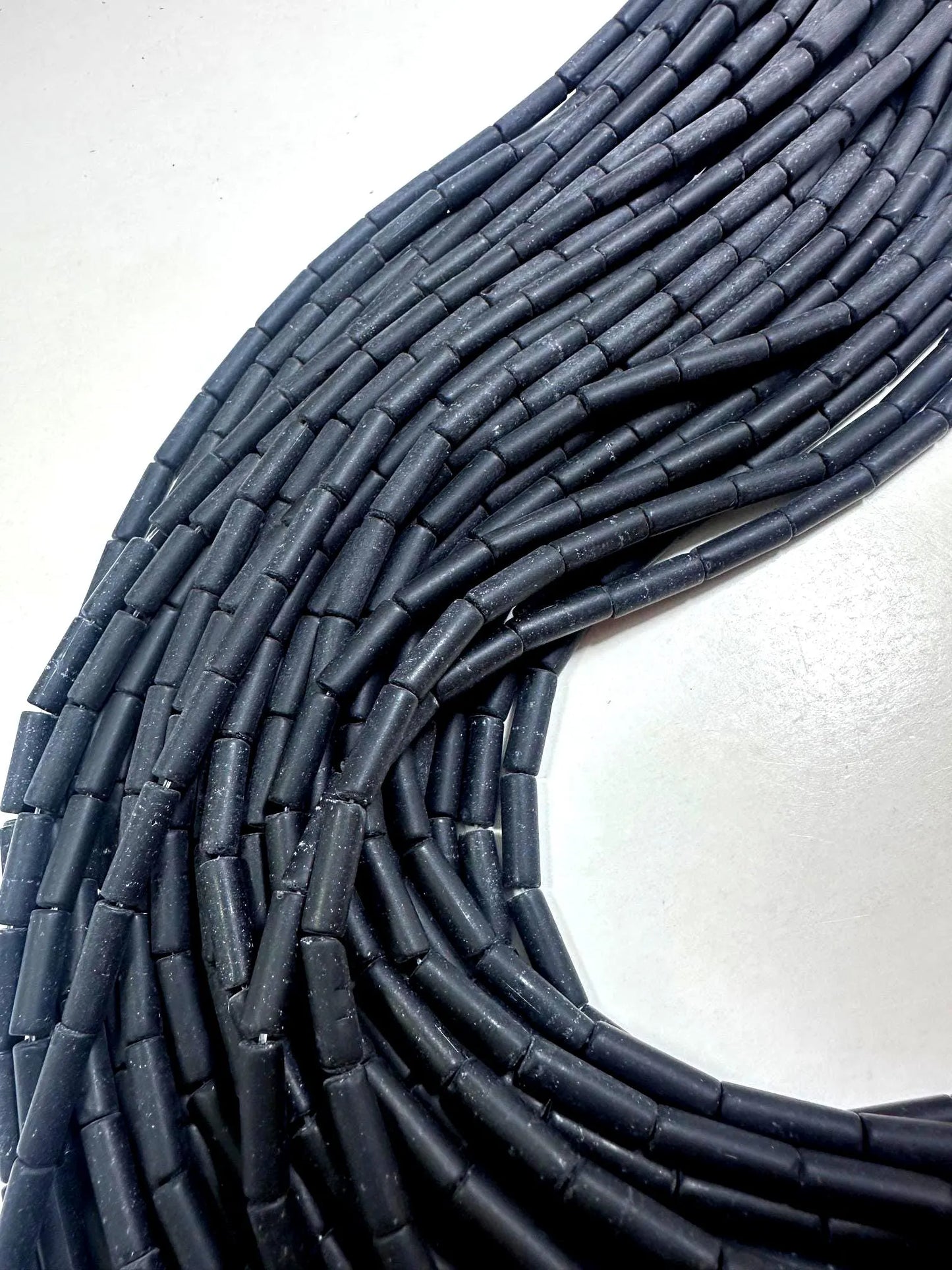 Natural Black Matte Thin Tube Shaped Onyx Gemstone Bead. 13x4mm, Beautiful Natural Black Color, Great Quality 15.5"