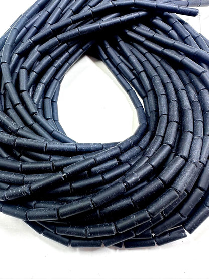 Natural Black Matte Thin Tube Shaped Onyx Gemstone Bead. 13x4mm, Beautiful Natural Black Color, Great Quality 15.5"
