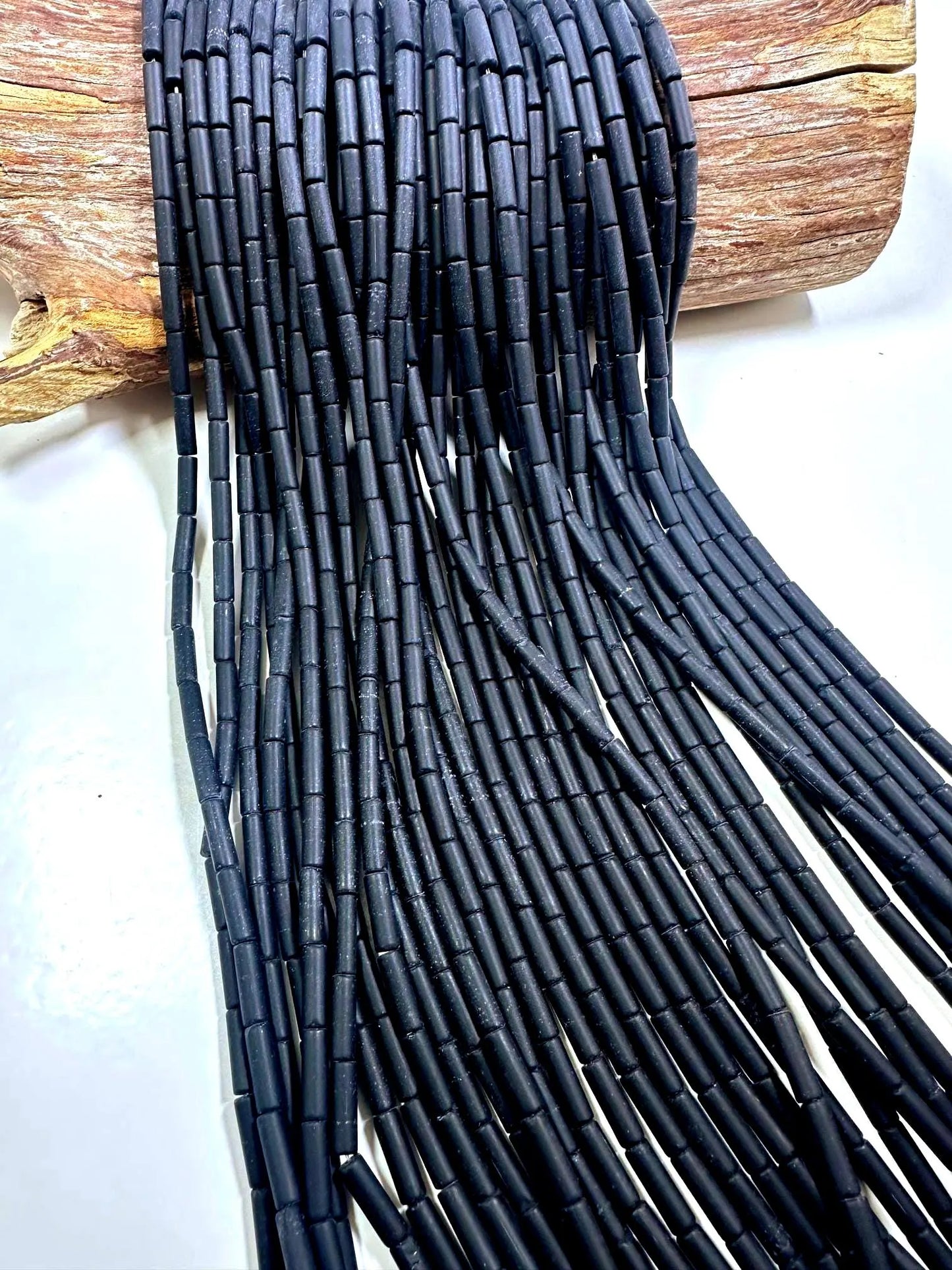 Natural Black Matte Thin Tube Shaped Onyx Gemstone Bead. 13x4mm, Beautiful Natural Black Color, Great Quality 15.5"