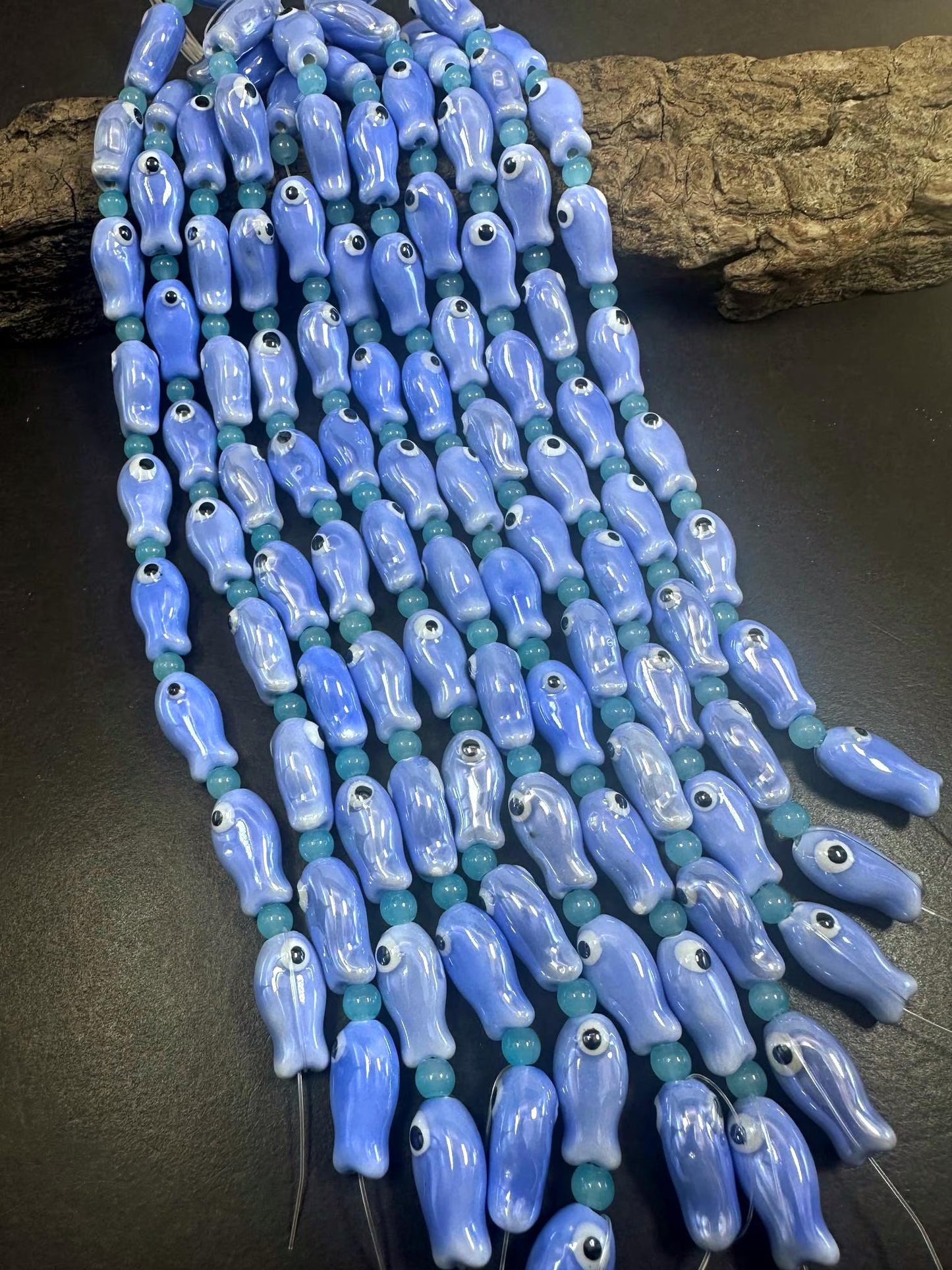 Blue Evil Eye Fish Shape Handmade Porcelain Beads, Beautiful Blue Color Great Quality 7.5"