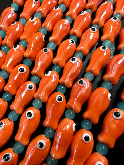 Orange Evil Eye Fish Shape Handmade Porcelain Beads, Beautiful Orange Color Great Quality 7.5"