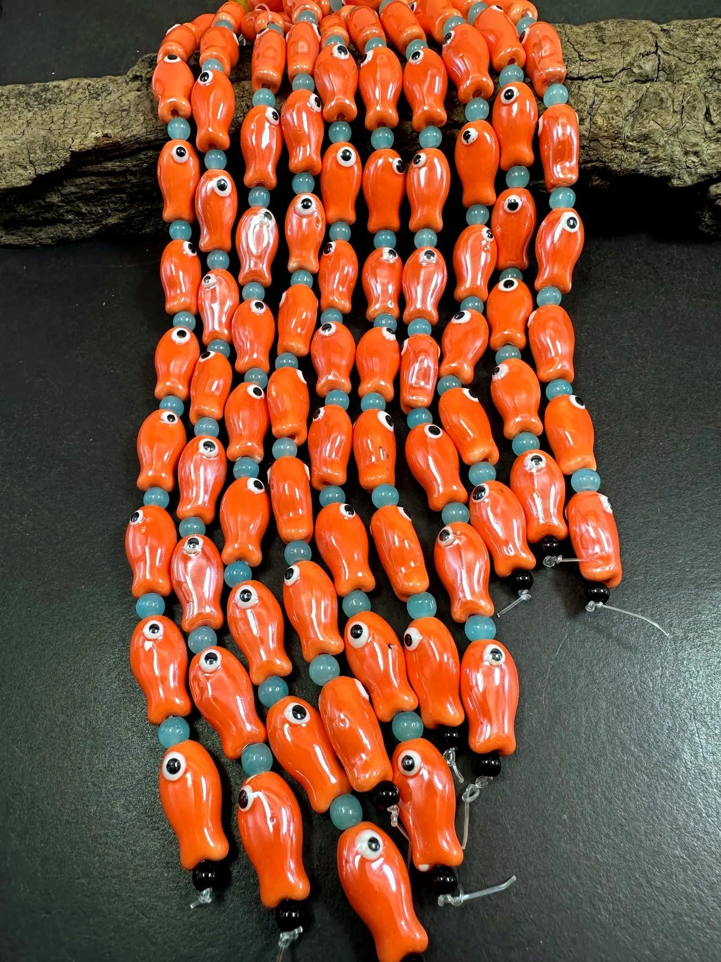 Orange Evil Eye Fish Shape Handmade Porcelain Beads, Beautiful Orange Color Great Quality 7.5"