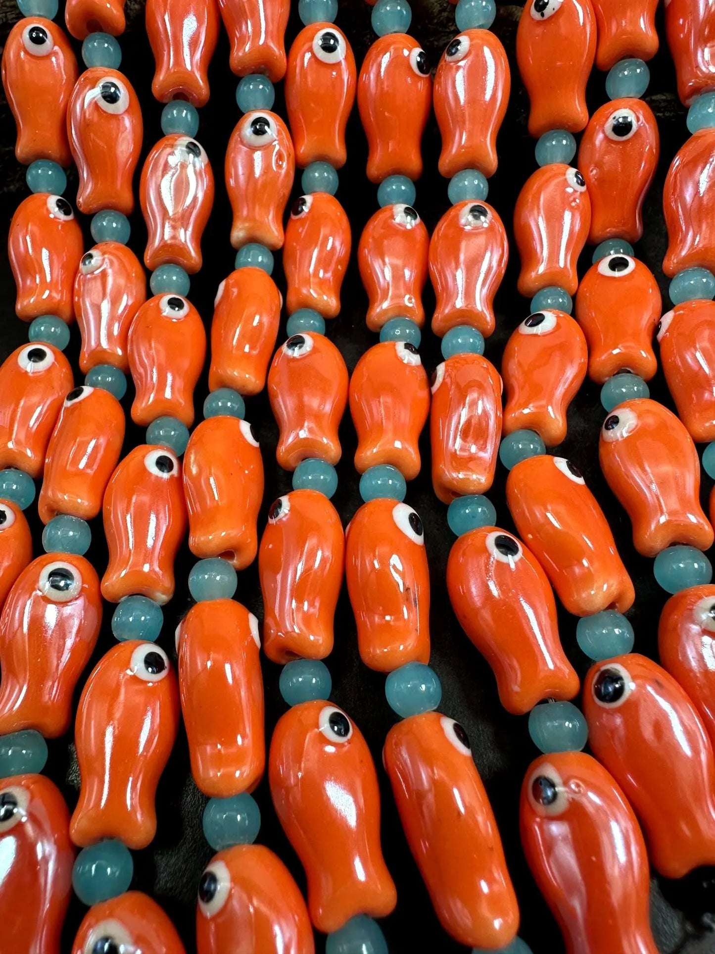 Orange Evil Eye Fish Shape Handmade Porcelain Beads, Beautiful Orange Color Great Quality 7.5"