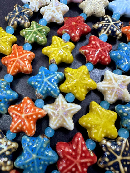 Beautiful Rainbow Multicolor Starfish Shape Handmade Porcelain Beads, Nice Rainbow Pattern Great Quality 7.5"