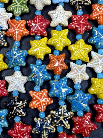 Beautiful Rainbow Multicolor Starfish Shape Handmade Porcelain Beads, Nice Rainbow Pattern Great Quality 7.5"