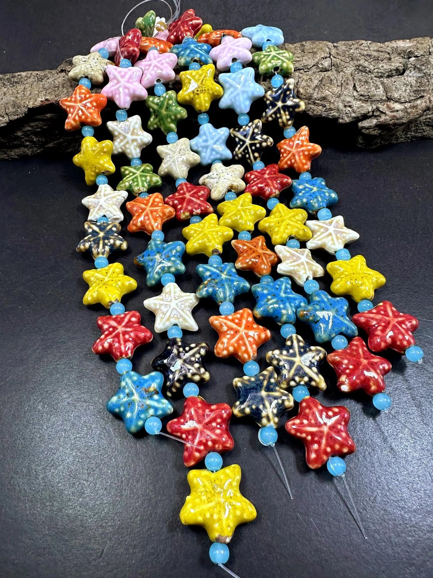 Beautiful Rainbow Multicolor Starfish Shape Handmade Porcelain Beads, Nice Rainbow Pattern Great Quality 7.5"
