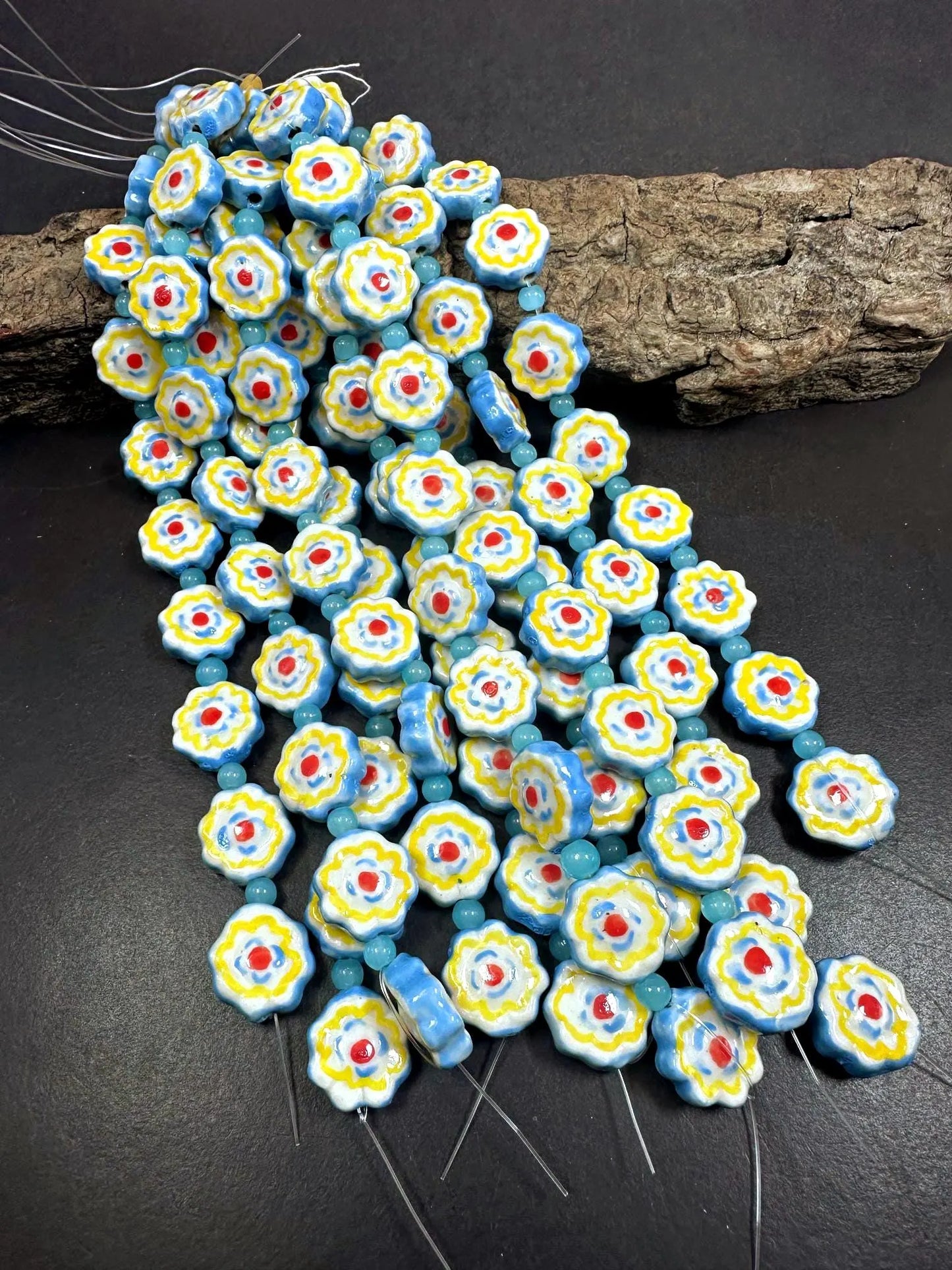 Beautiful Blue Yellow Flower Shape Handmade Porcelain Beads, Blue Yellow White Red Colors Great Quality 7.5"