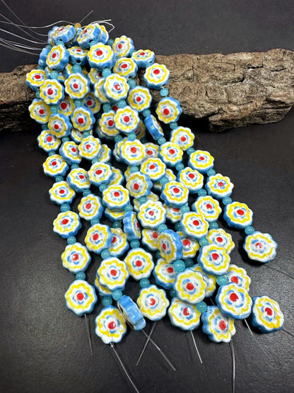 Beautiful Blue Yellow Flower Shape Handmade Porcelain Beads, Blue Yellow White Red Colors Great Quality 7.5"