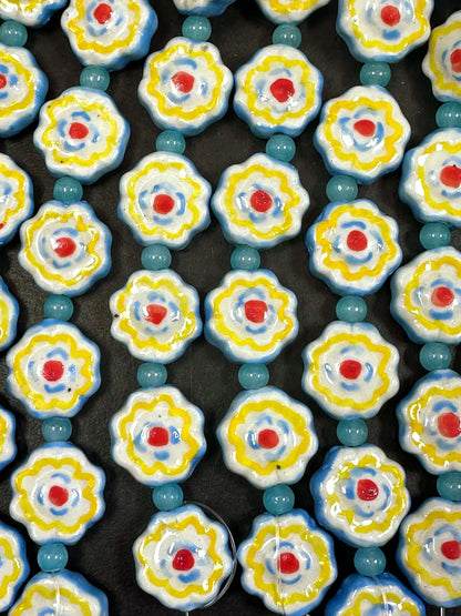 Beautiful Blue Yellow Flower Shape Handmade Porcelain Beads, Blue Yellow White Red Colors Great Quality 7.5"