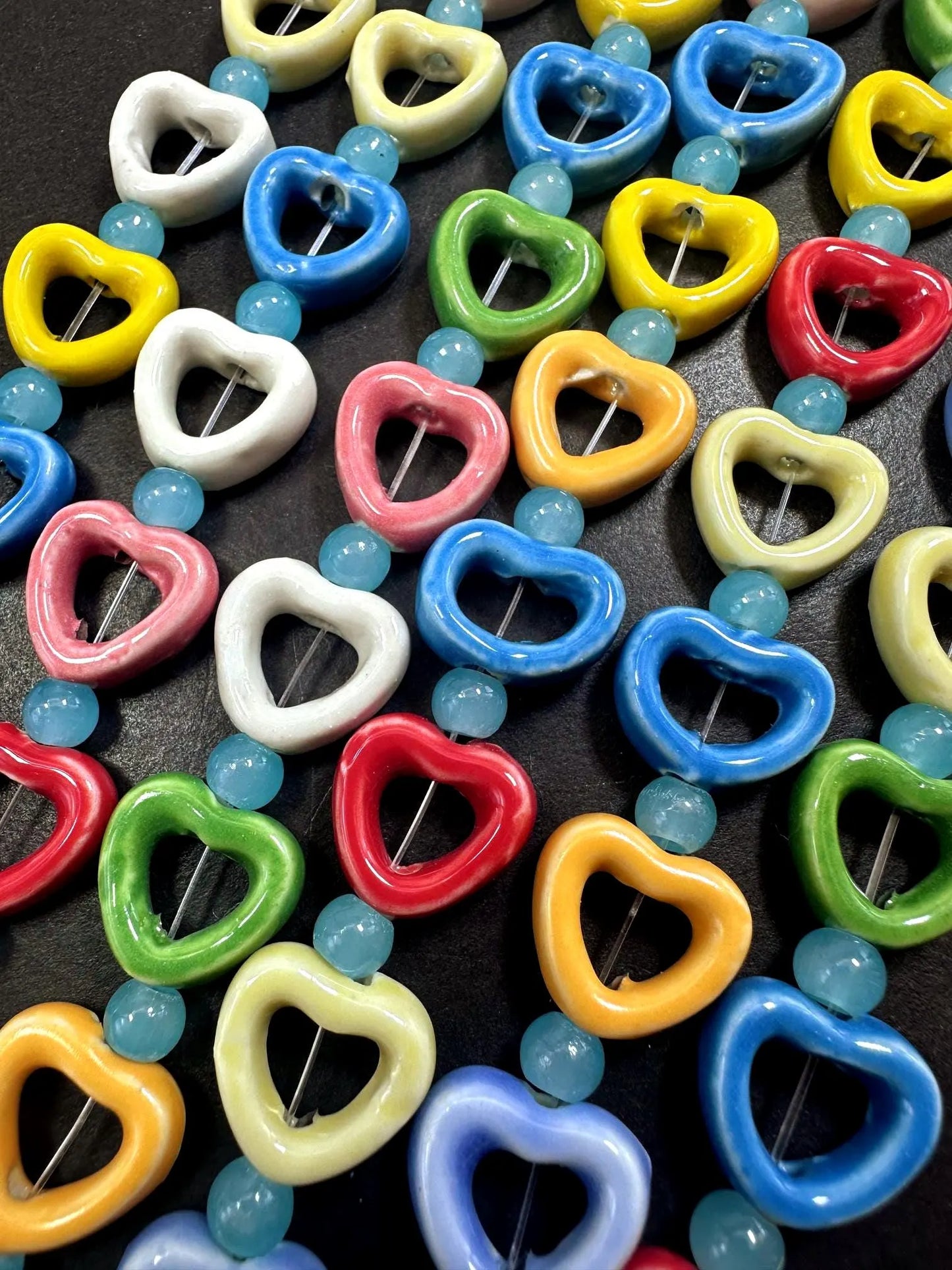 Heart Shape Handmade Porcelain Beads, 14mm Cute Heart Beads, Great Quality 7.5"