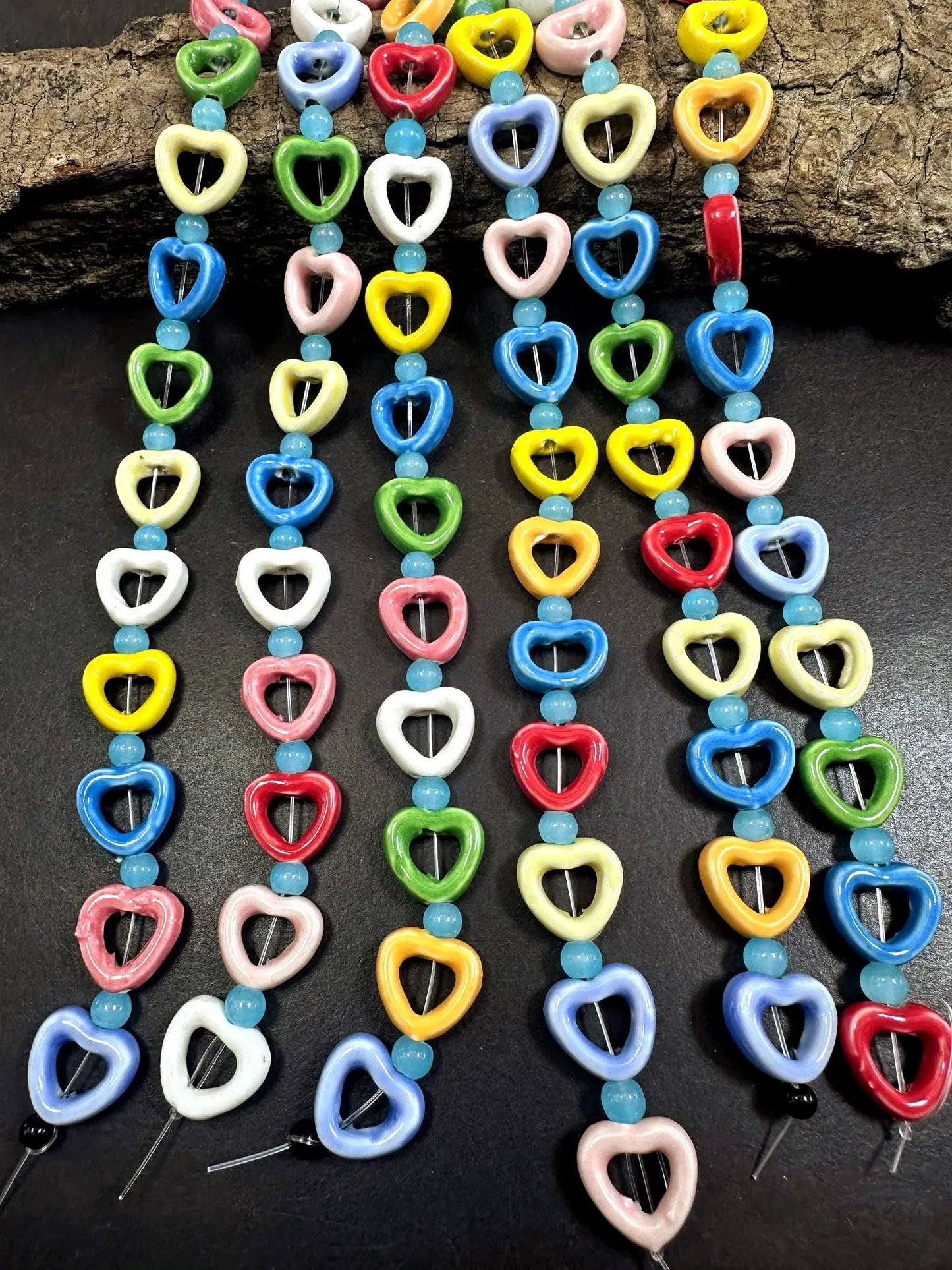 Heart Shape Handmade Porcelain Beads, 14mm Cute Heart Beads, Great Quality 7.5"