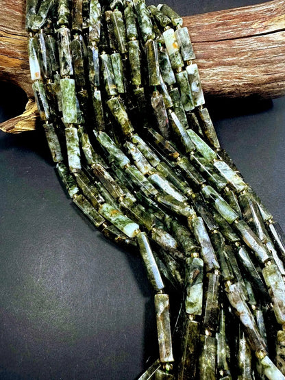 100% Natural Green Thin Tube Shape Moss Agate Gemstone Bead. 21x8mm-30x9mm, Beautiful Natural Green Moss Color, Excellent Quality 15.5"