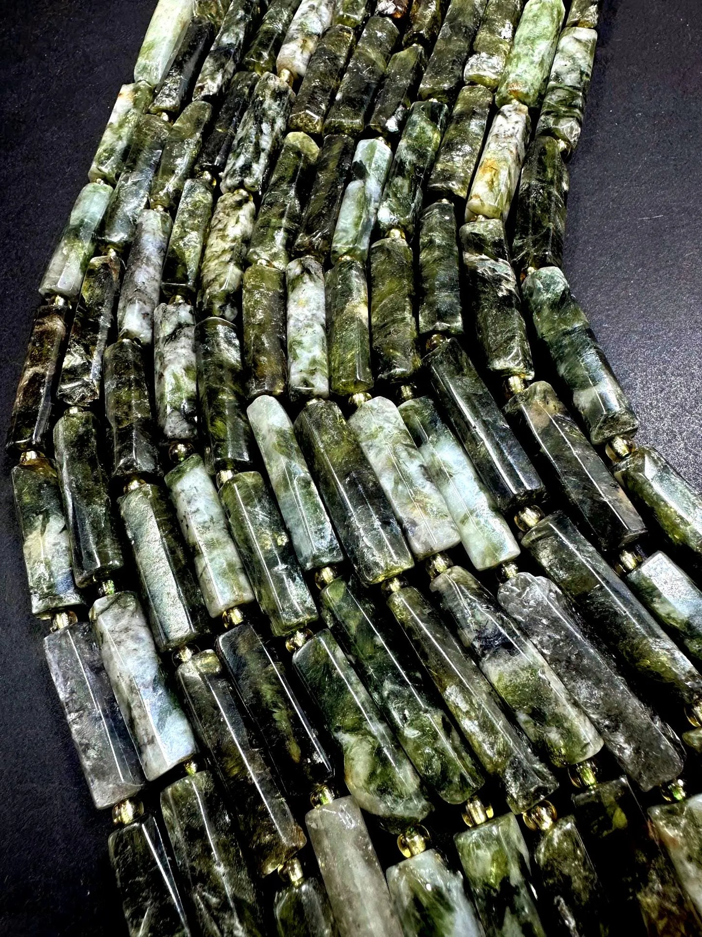 100% Natural Green Thin Tube Shape Moss Agate Gemstone Bead. 21x8mm-30x9mm, Beautiful Natural Green Moss Color, Excellent Quality 15.5"