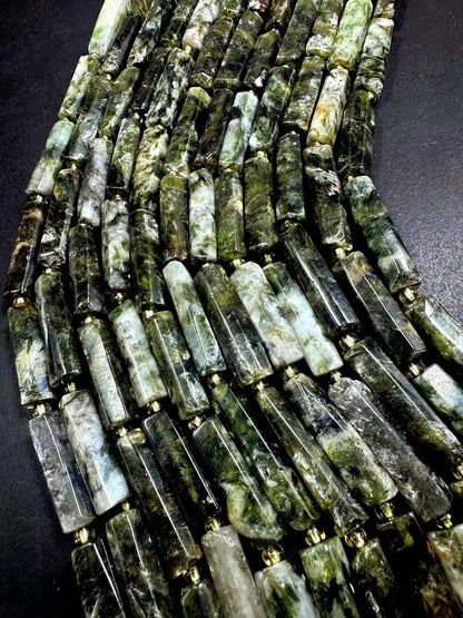 100% Natural Green Thin Tube Shape Moss Agate Gemstone Bead. 21x8mm-30x9mm, Beautiful Natural Green Moss Color, Excellent Quality 15.5"