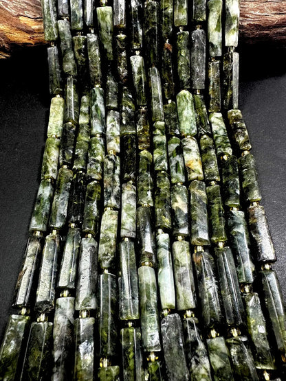 100% Natural Green Thin Tube Shape Moss Agate Gemstone Bead. 21x8mm-30x9mm, Beautiful Natural Green Moss Color, Excellent Quality 15.5"
