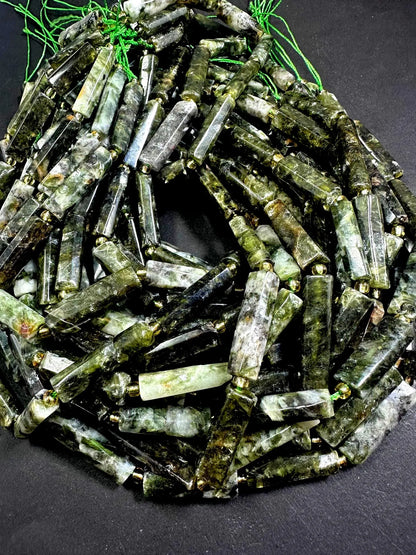 100% Natural Green Thin Tube Shape Moss Agate Gemstone Bead. 21x8mm-30x9mm, Beautiful Natural Green Moss Color, Excellent Quality 15.5"