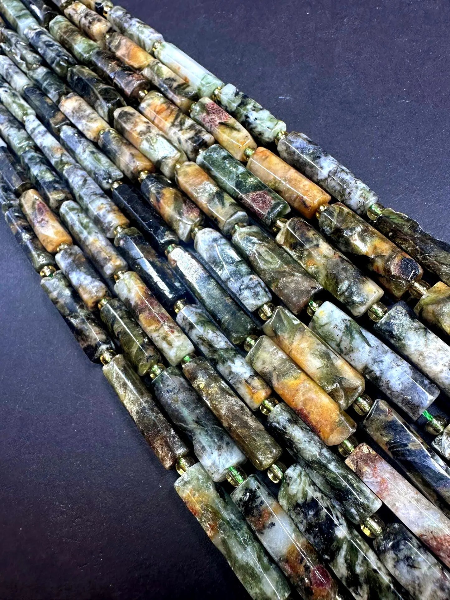 100% Natural Thin Tube Shape Tree Agate Gemstone Beads. 16x9mm-34x8mm, Gorgeous Multicolor shades, Excellent Quality 15.5"