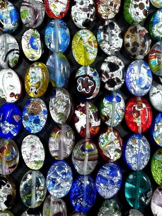 Beautiful Multicolor Silver Foil Millefiori Oval Shape Glass Beads, 10x13mm Great Quality 15.5"