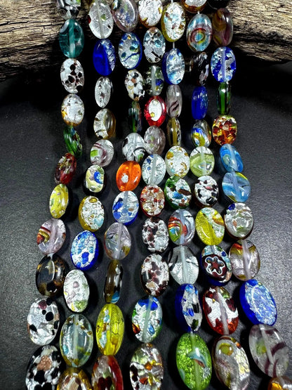 Beautiful Multicolor Silver Foil Millefiori Oval Shape Glass Beads, 10x13mm Great Quality 15.5"