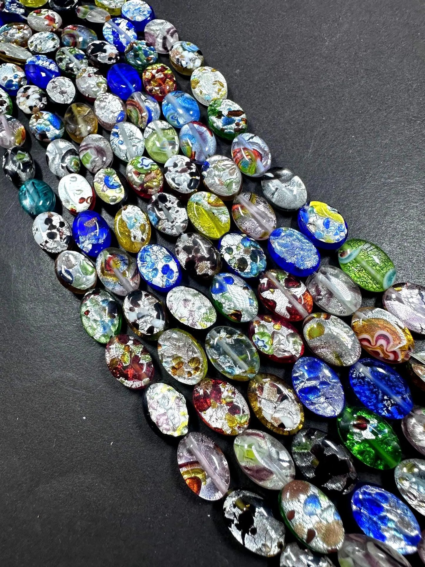Beautiful Multicolor Silver Foil Millefiori Oval Shape Glass Beads, 10x13mm Great Quality 15.5"