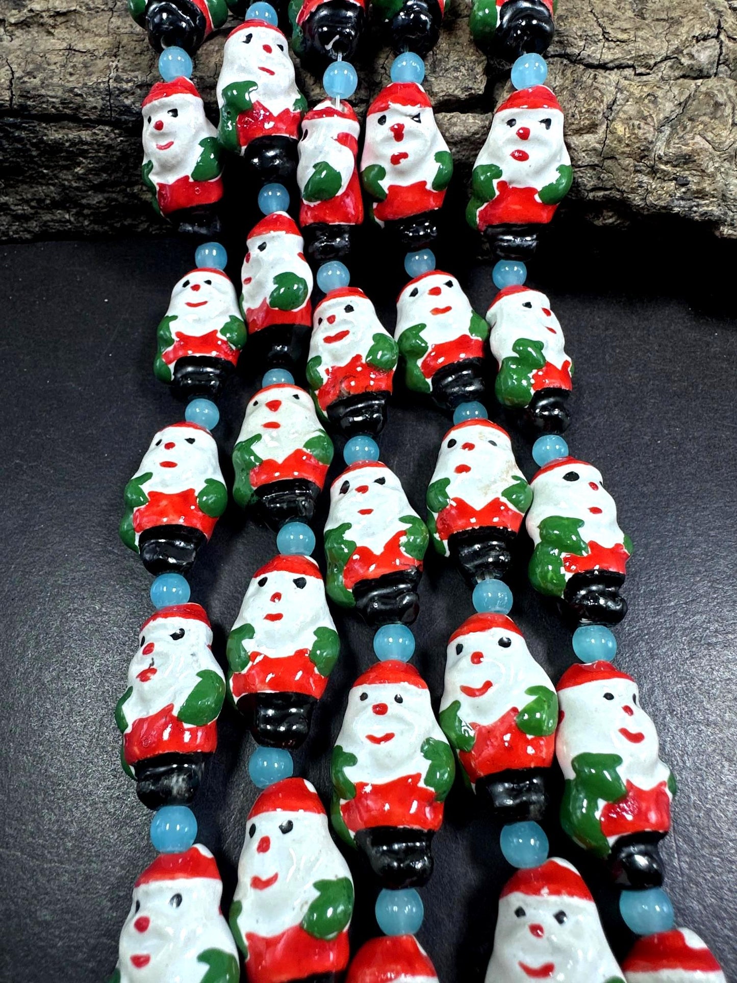 Adorable Christmas Santa Claus Shape Hand Painted Porcelain Beads, with Light Blue Spacers, Great Quality 7.5"
