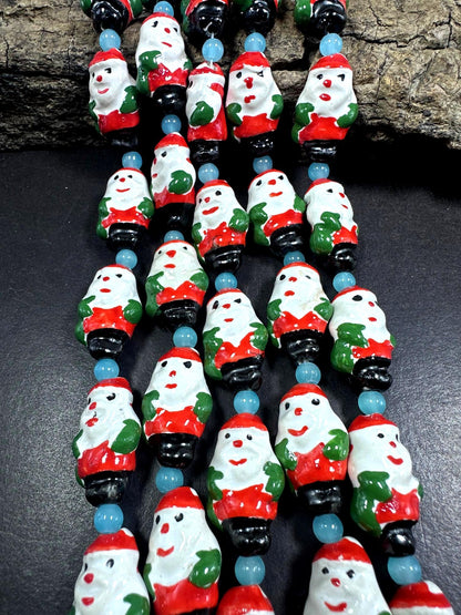 Adorable Christmas Santa Claus Shape Hand Painted Porcelain Beads, with Light Blue Spacers, Great Quality 7.5"