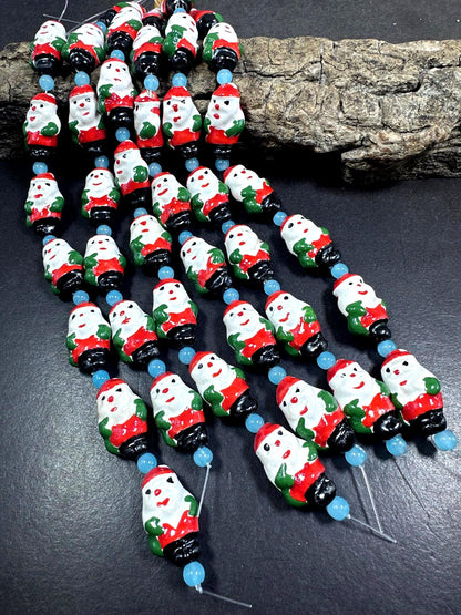Adorable Christmas Santa Claus Shape Hand Painted Porcelain Beads, with Light Blue Spacers, Great Quality 7.5"