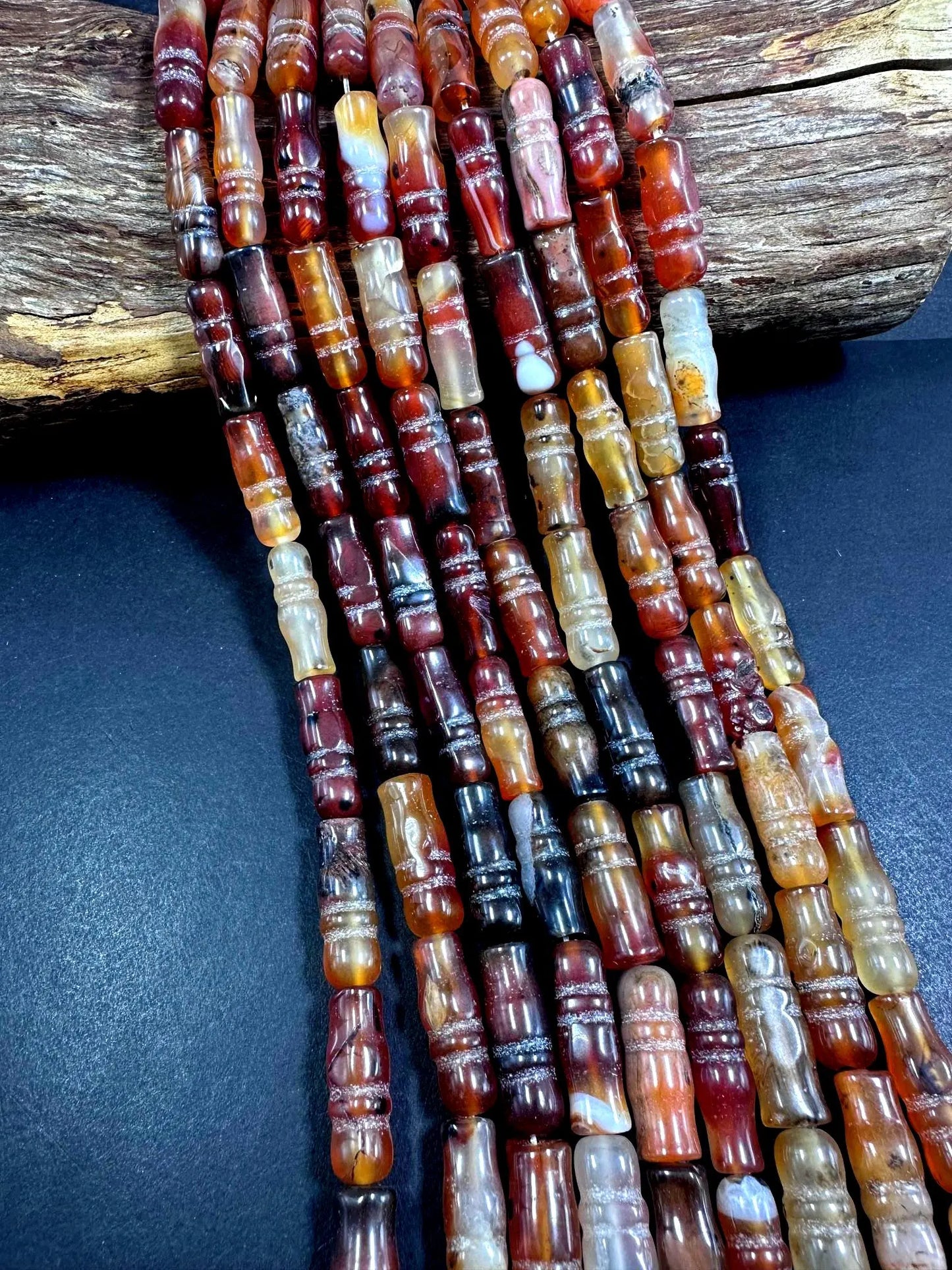 Beautiful Handcrafted Natural Curved Dzi Agate Barrel Shape Gemstone Beads; Antique Tibetan. 25x9mm, Brown Black Pattern Great Quality 15.5"