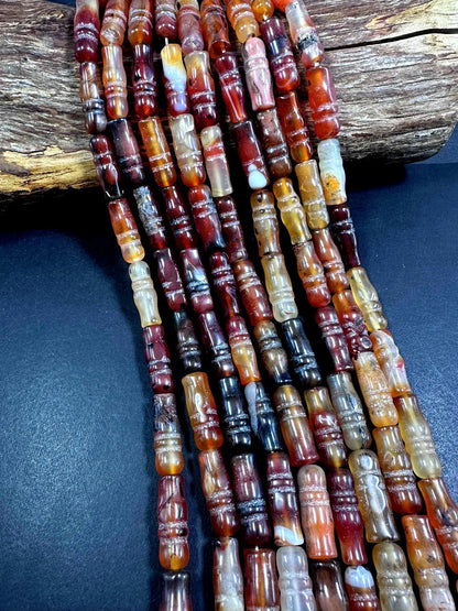 Beautiful Handcrafted Natural Curved Dzi Agate Barrel Shape Gemstone Beads; Antique Tibetan. 25x9mm, Brown Black Pattern Great Quality 15.5"