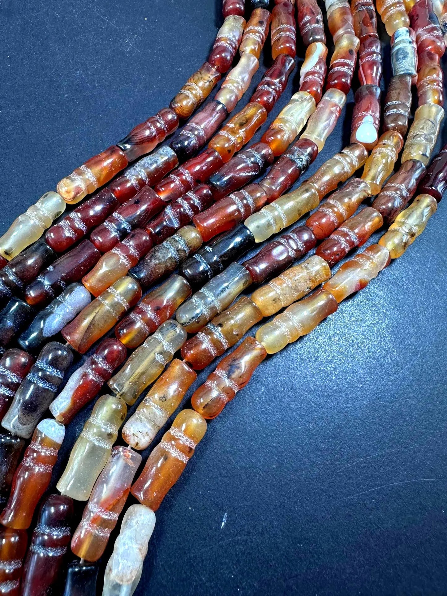 Beautiful Handcrafted Natural Curved Dzi Agate Barrel Shape Gemstone Beads; Antique Tibetan. 25x9mm, Brown Black Pattern Great Quality 15.5"