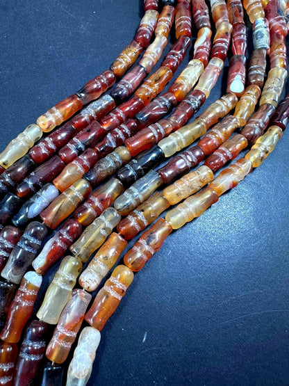 Beautiful Handcrafted Natural Curved Dzi Agate Barrel Shape Gemstone Beads; Antique Tibetan. 25x9mm, Brown Black Pattern Great Quality 15.5"