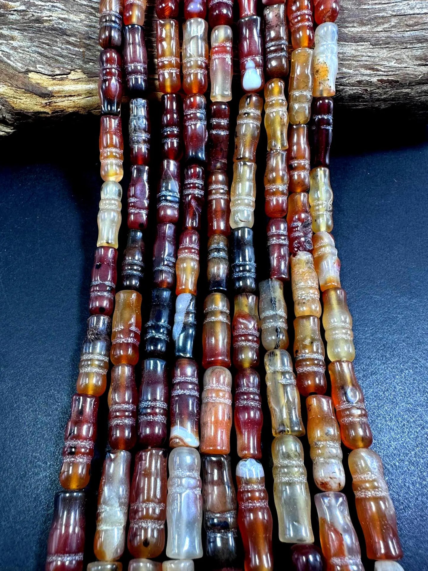 Beautiful Handcrafted Natural Curved Dzi Agate Barrel Shape Gemstone Beads; Antique Tibetan. 25x9mm, Brown Black Pattern Great Quality 15.5"
