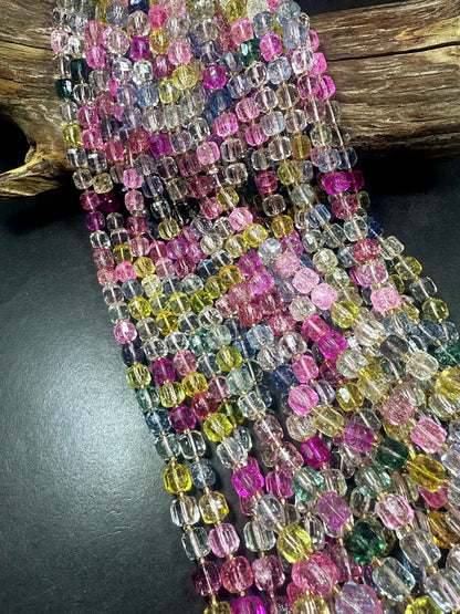Beautiful Clear Multicolor Cube Shape Quartz Crystal Bead, 8x8mm Multicolor Pattern Great Quality 15.5"