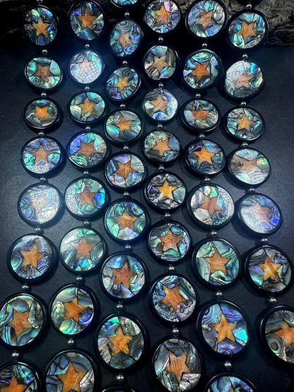 Natural Abalone Shell Coin Shape Beads with Orange Star 26mm, Unique and Great Quality 15.5"