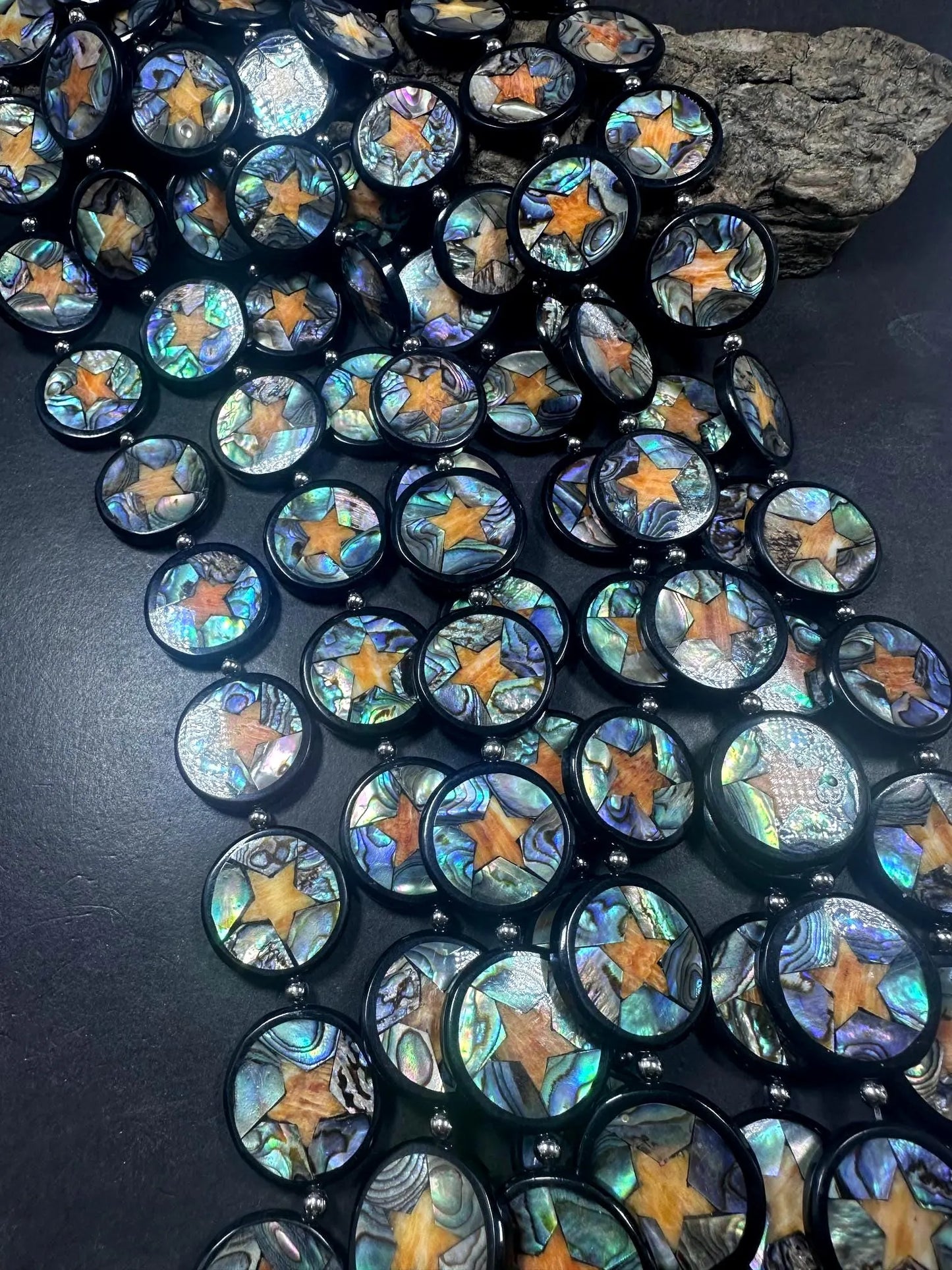 Natural Abalone Shell Coin Shape Beads with Orange Star 26mm, Unique and Great Quality 15.5"