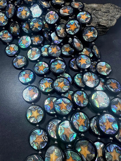 Natural Abalone Shell Coin Shape Beads with Orange Star 26mm, Unique and Great Quality 15.5"