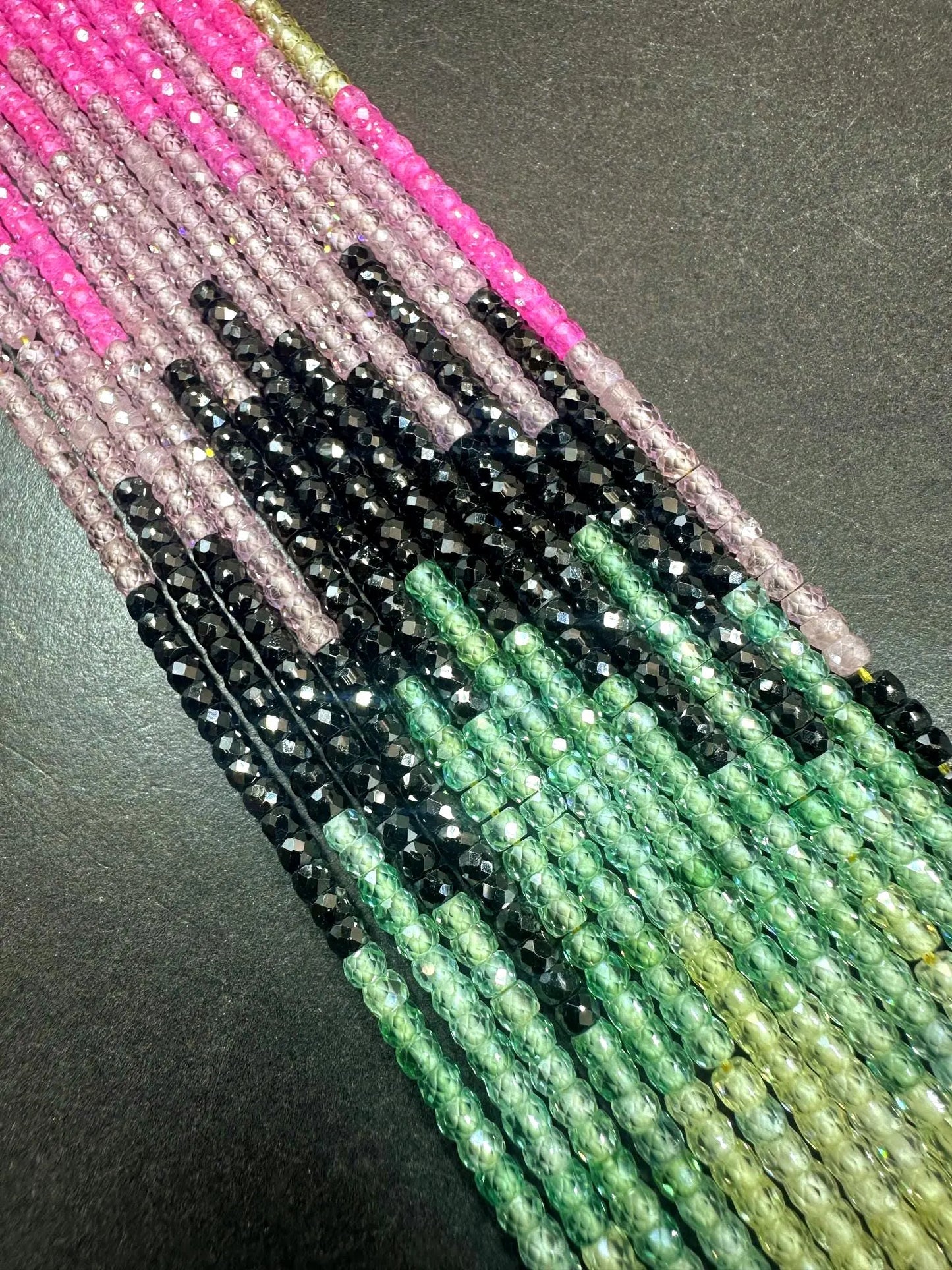 Multicolor Cubic Zirconia Faceted Rondelle Shape, Gorgeous Mint, Light Green, Black, Pink High Quality 15.5"
