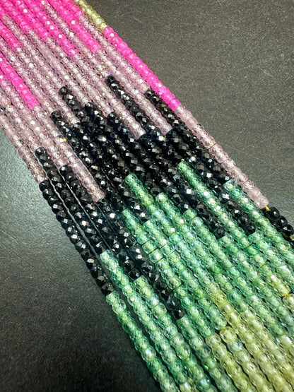 Multicolor Cubic Zirconia Faceted Rondelle Shape, Gorgeous Mint, Light Green, Black, Pink High Quality 15.5"