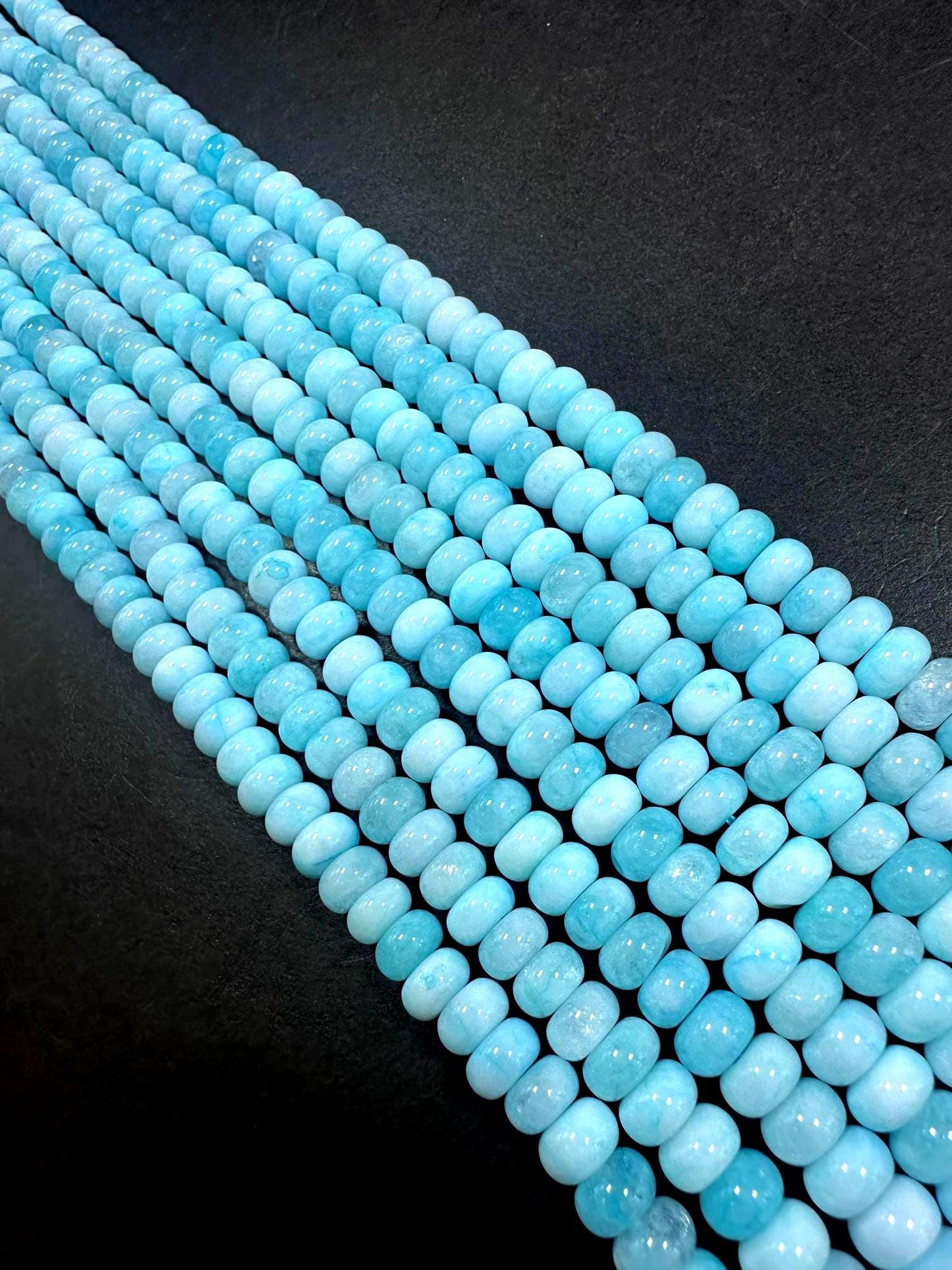 Beautiful 100% Natural Aquamarine Larimar Jade Smooth Rondelle Shaped Gemstone Beads 5x8mm, Stunning Aquamarine Color Great Quality 15.5"
