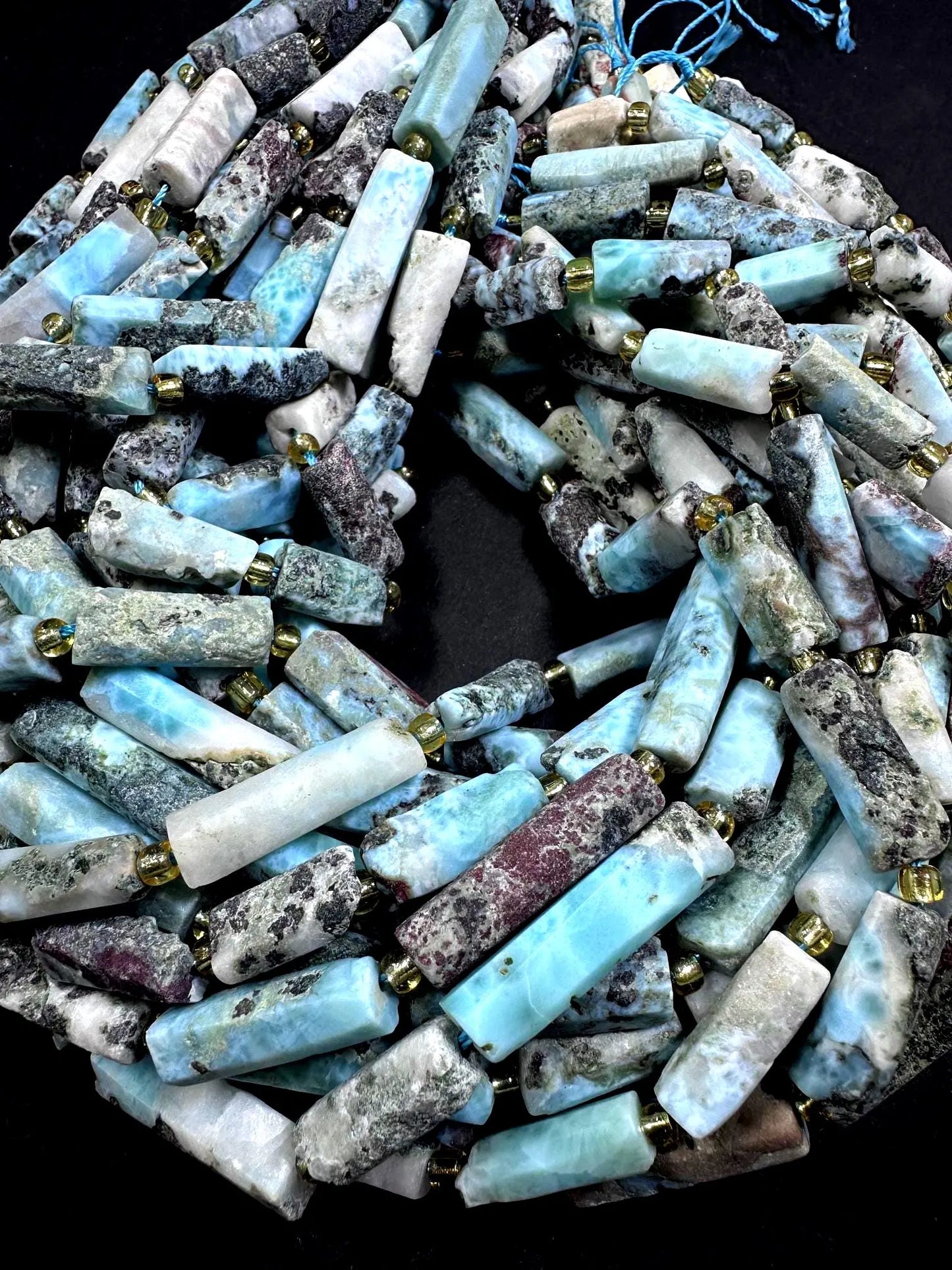 Natural Blue Multicolor Larimar Tube Shape Gemstone Bead. 14x8mm-26x7mm, Beautiful Natural Color, Excellent Quality 15.5”