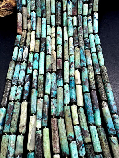 Natural Blue Beige Brown Multicolor Tube Shape Chrysocolla Gemstone Bead. 15x6mm-30x5mm, Natural Multicolor Color, Excellent Quality 15.5"