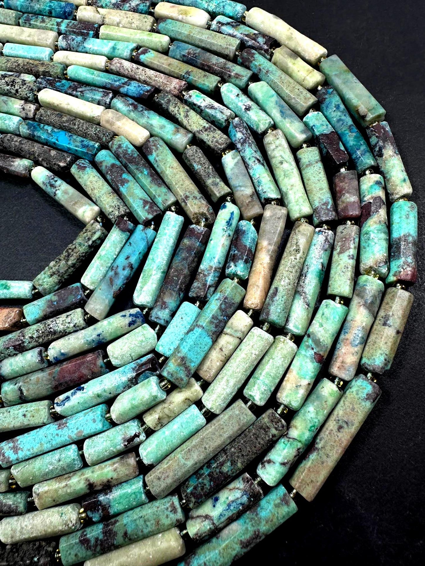 Natural Blue Beige Brown Multicolor Tube Shape Chrysocolla Gemstone Bead. 15x6mm-30x5mm, Natural Multicolor Color, Excellent Quality 15.5"