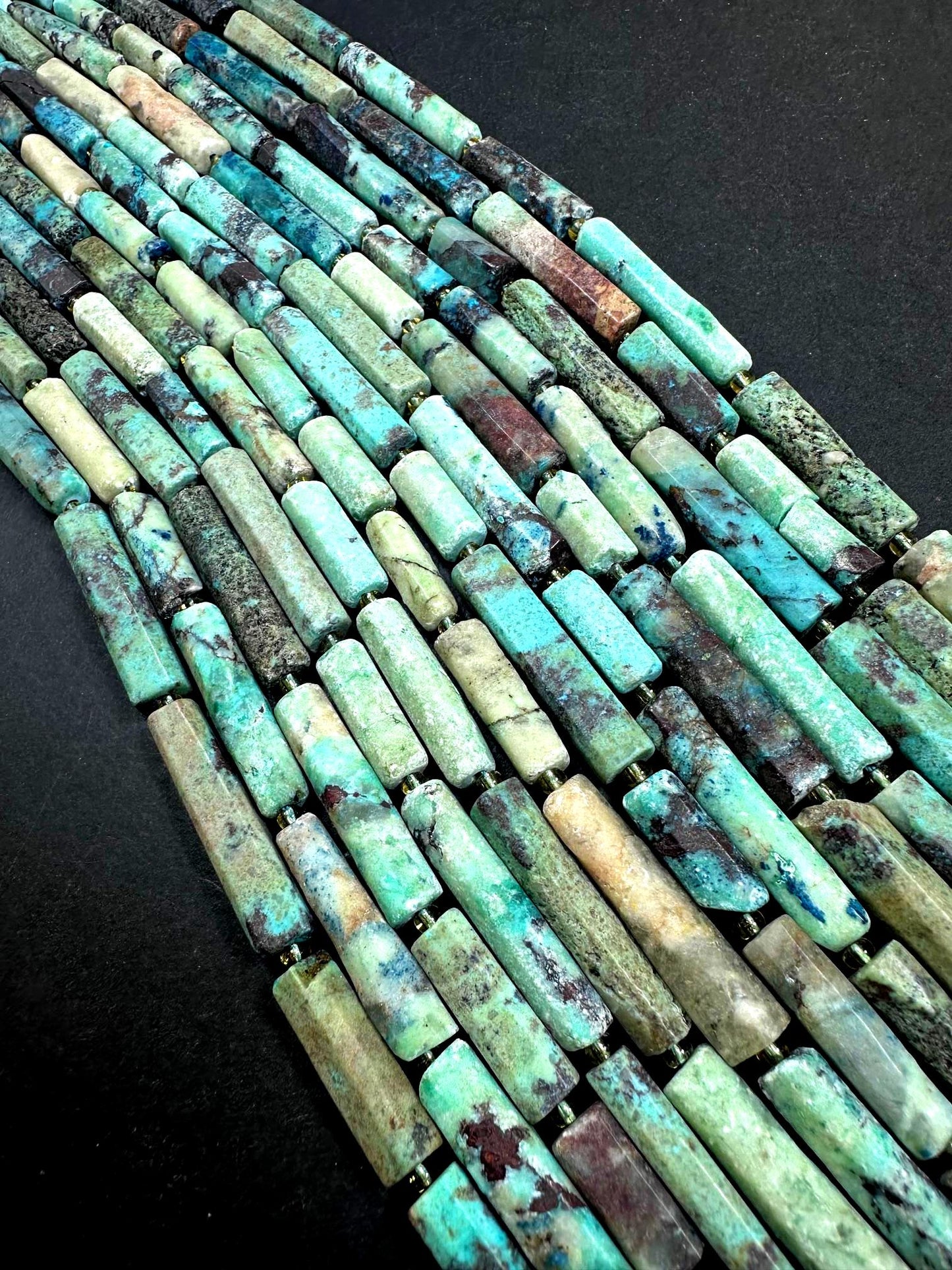 Natural Blue Beige Brown Multicolor Tube Shape Chrysocolla Gemstone Bead. 15x6mm-30x5mm, Natural Multicolor Color, Excellent Quality 15.5"
