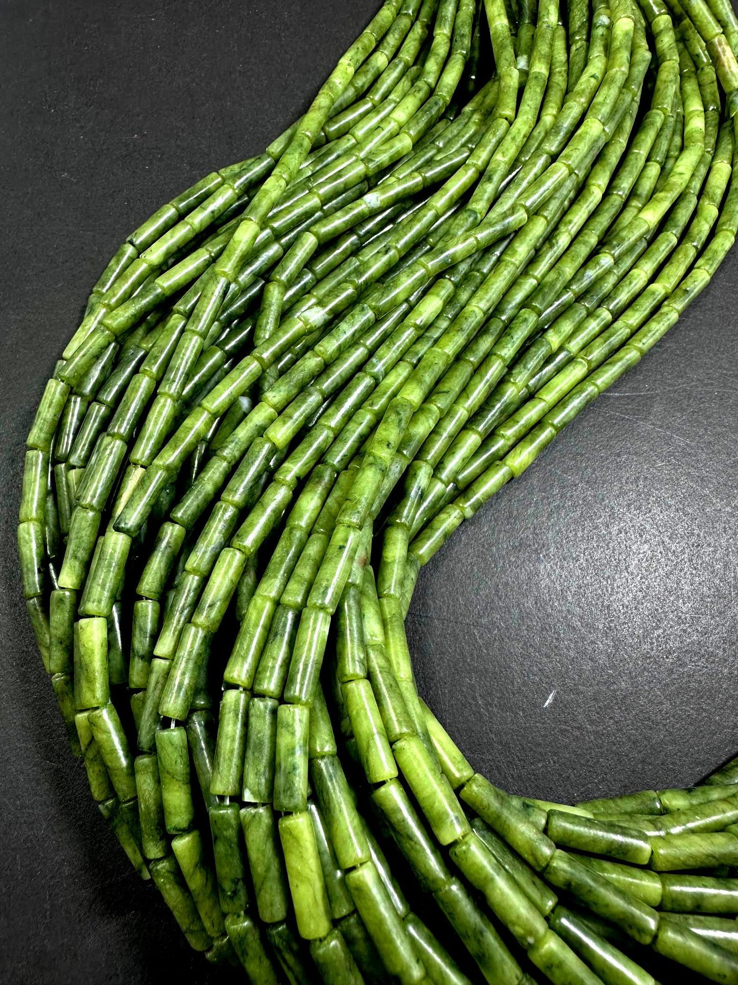 Beautiful Natural Green Thin Tube Shape Nephrite Jade Gemstone Bead. 13x4mm, Natural Green Color Shade, Great Quality 15.5"