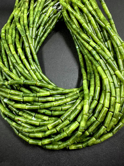 Beautiful Natural Green Thin Tube Shape Nephrite Jade Gemstone Bead. 13x4mm, Natural Green Color Shade, Great Quality 15.5"