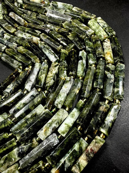 100% Natural Green Thin Tube Shape Moss Agate Gemstone Bead. 21x8mm-30x9mm, Beautiful Natural Green Moss Color, Excellent Quality 15.5"