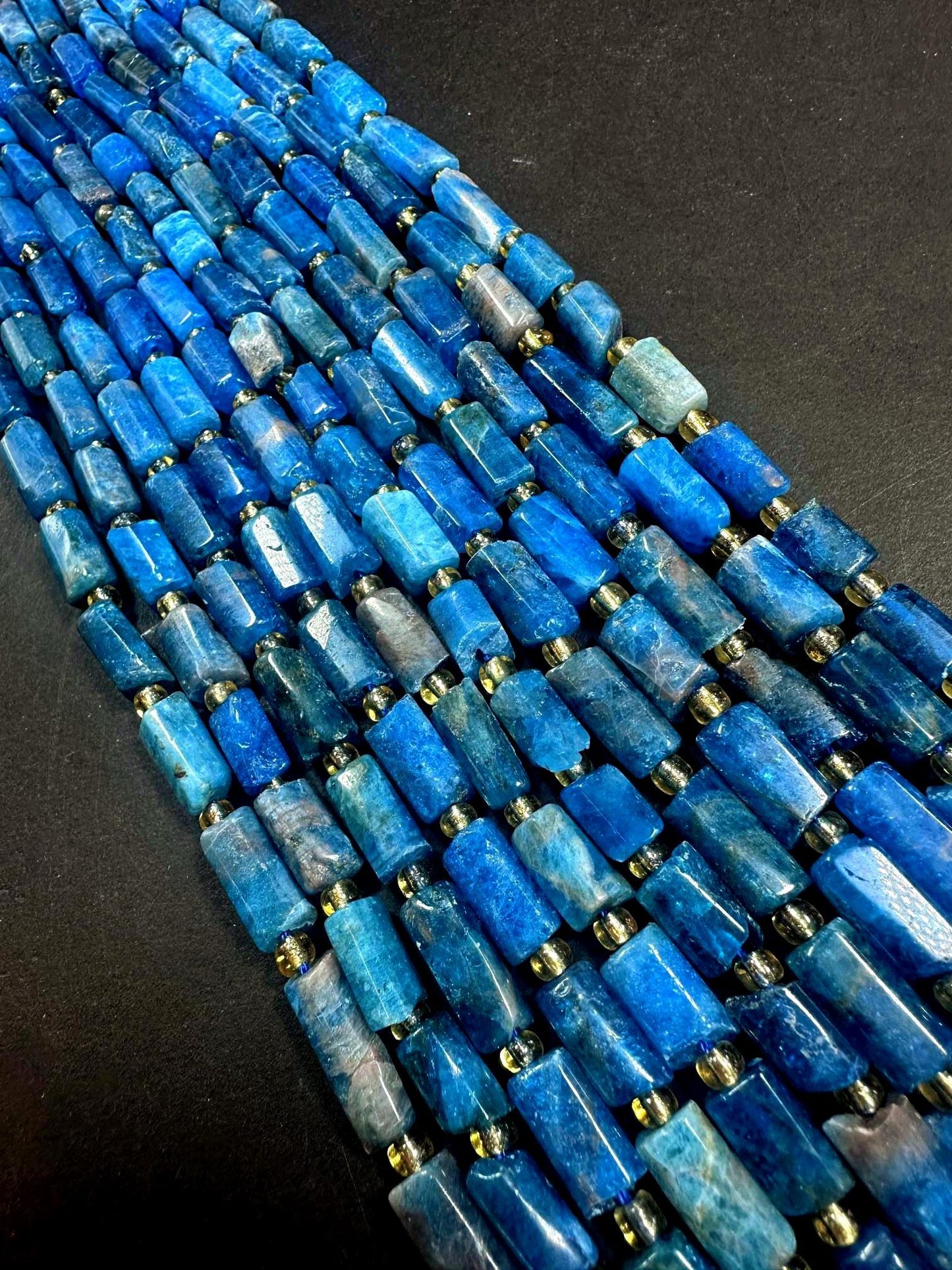 Beautiful Natural Blue Thin Tube Shape Apatite Gemstone Beads. 10x6mm-18x6mm, Natural Blue Shade Colors, Excellent Quality 15.5"