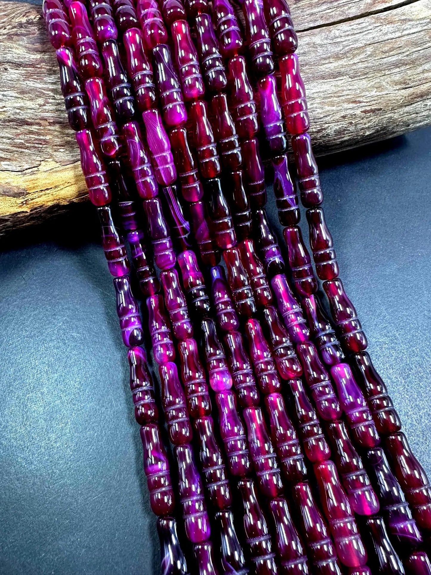 Beautiful Handcrafted Natural Purple Ruby Barrel Shape Agate Gemstone Bead. 26x8mm, Gorgeous Dark Red Purple Color, Great Quality 15.5"