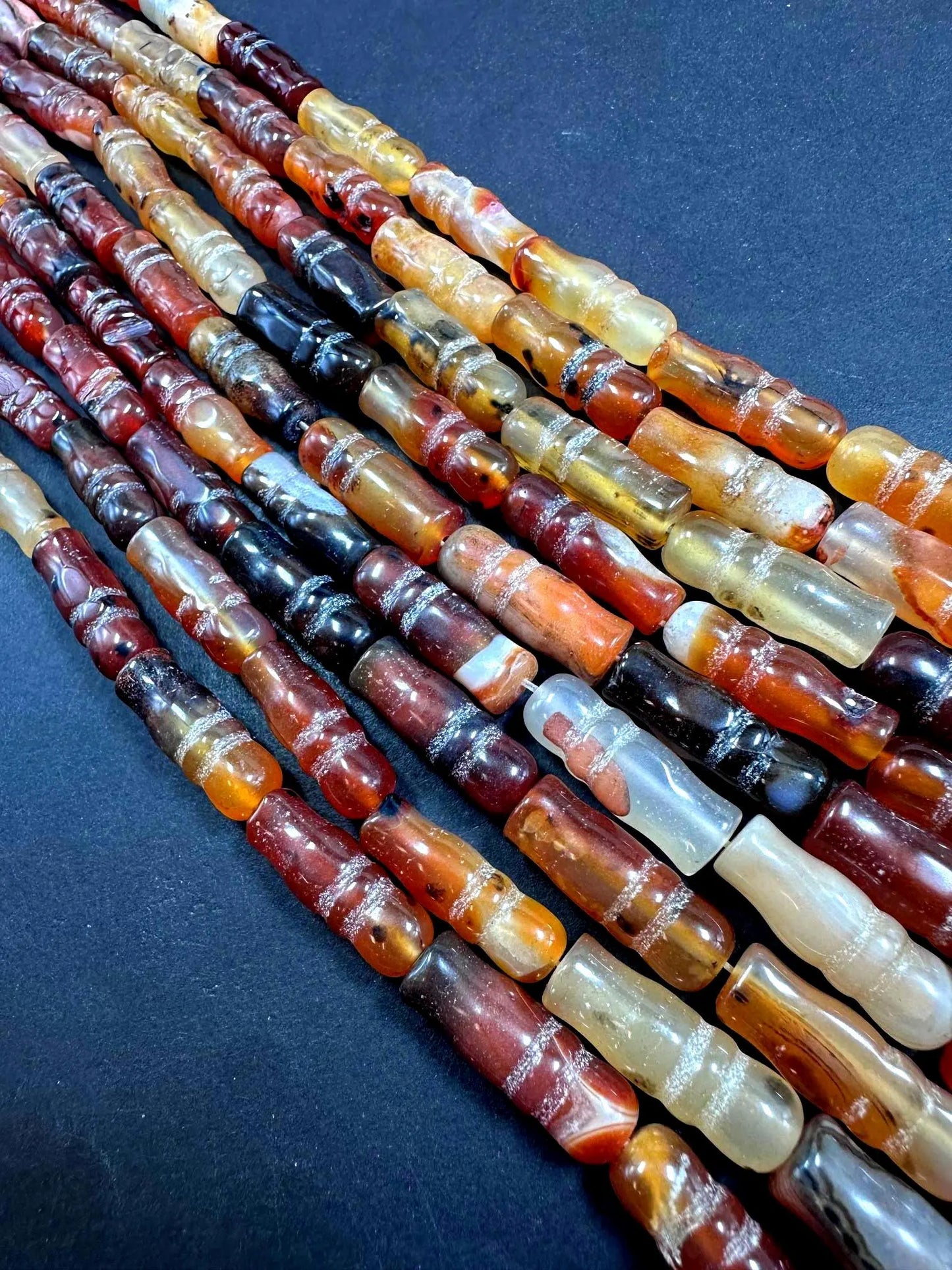 Beautiful Handcrafted Natural Curved Dzi Agate Barrel Shape Gemstone Beads; Antique Tibetan. 25x9mm, Brown Black Pattern Great Quality 15.5"